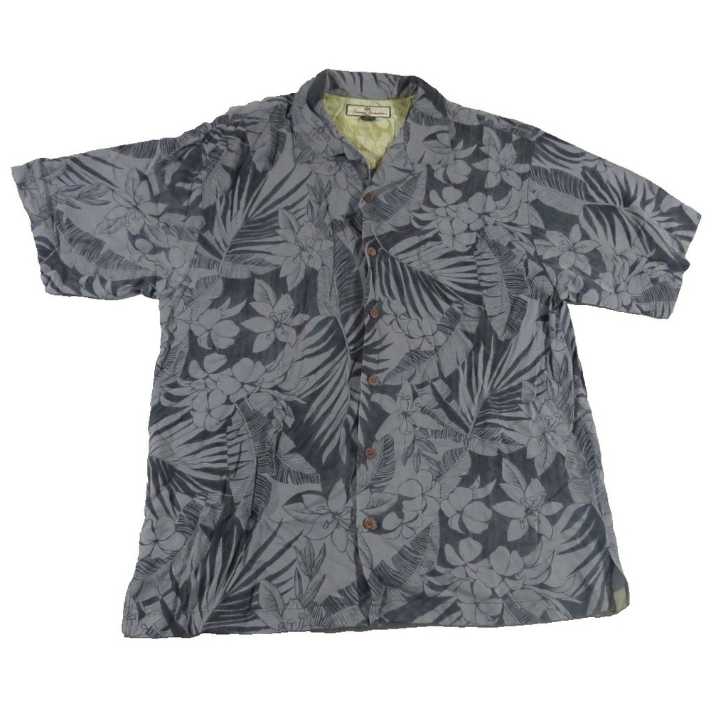 Tommy Bahama VTG Y2K Shirt Men M Gray‎ Silk Tropical Floral Leaf Jacquard Camp